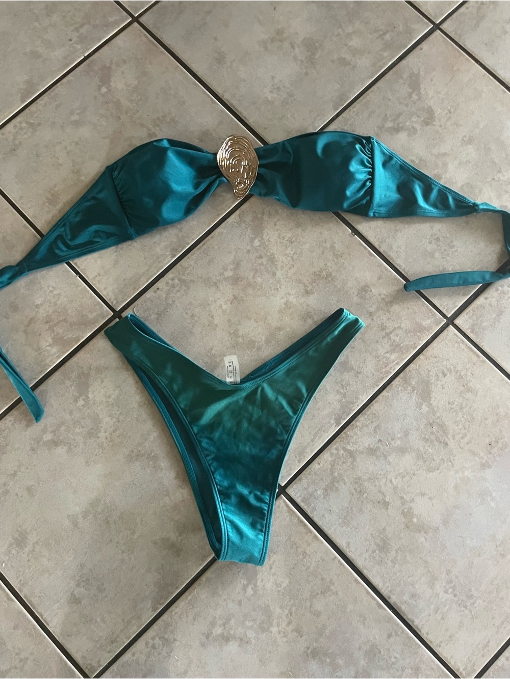 SHEIN Teal Shimmer Bandeau Bikini with Gold Accent